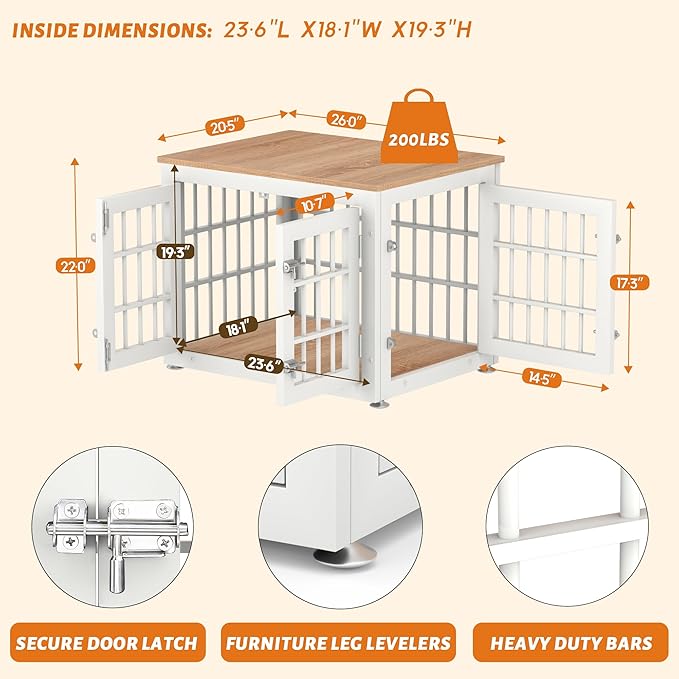 26 Inch Heavy Duty Dog Crate Furniture for Small Dogs, Decorative Pet House End Table, Wooden Cage Kennel Furniture Indoor, White and Natural
