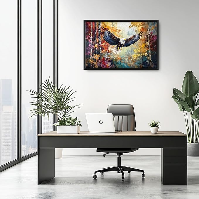 Extra Large Framed Bald Eagle Wall Art,Abstract Colorful Forest Wall Decor,Autumn Fall Forest Pictures for Living Room,Canvas Print Painting Modern Artwork Bedroom Office Home Decor 36L x 24W