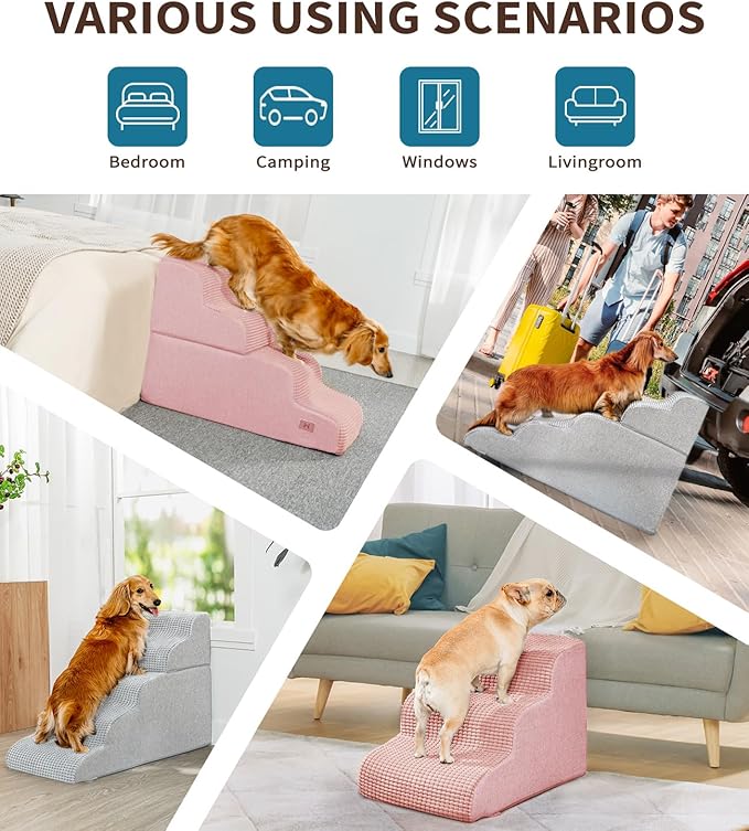 Dog Step for Bed, Dog Stair 5-Step 35D Pet Stair 22.8" H for High Bed or Sofa Non-Slip Balanced Pet Step Indoor, Pink