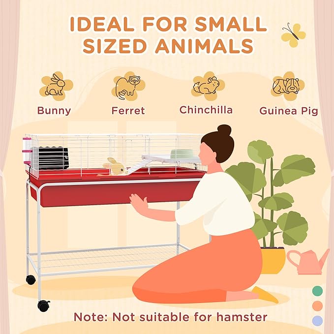PawHut Two-Story Small Animal Cage Removable from Stand, Guinea Pig Cage with Shelf & Wheels, Pet Habitat for Hedgehog, Chinchilla, Ferret, 39" x 20.5" x 36.5", Red
