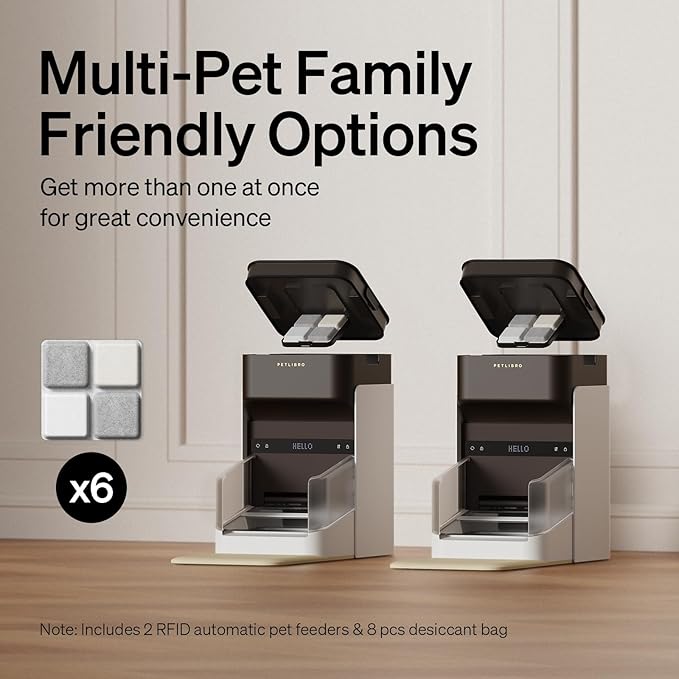 Bundle of PETLIBRO Upgraded RFID Automatic Cat Feeder, 2 Packs 5G Wi-Fi Automatic Pet Feeder, 3L Auto Cat Feeder App Control with Light Collar Tag + PETLIBRO 6 Packs Pet Food Desiccant Bag
