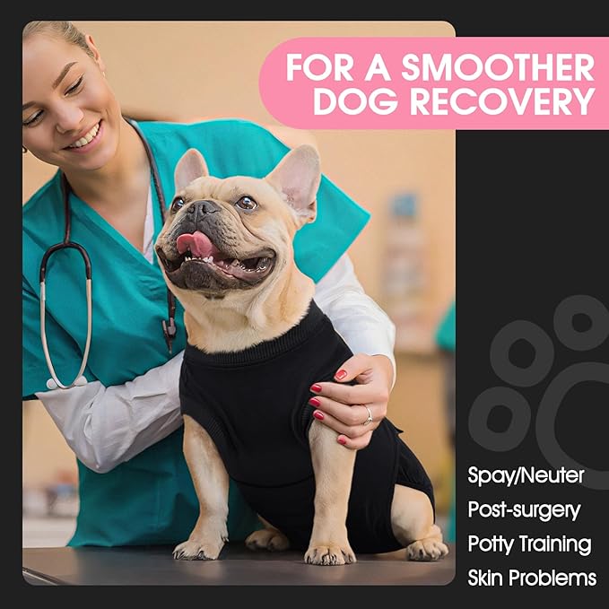 FUAMEY Dog Recovery Suit Male,Dogs Surgery Neuter Suits Puppy Spay Shirts for Female Protect Dog's Skin Anti Licking Abdominal Wounds Doggie Onesie Pet Bodysuit Alternative to Cone Black XS
