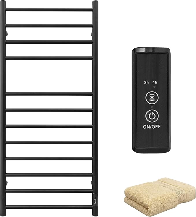 KEG Towel Warmer Wall Mounted with Built-in Timer 12 Bars Electric Stainless Steel Heated Towel Racks for Bathroom, Hot Plug-in Bath Towel Heater Matte Black