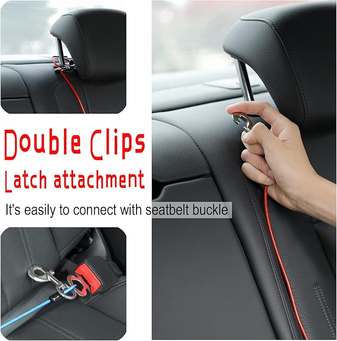 Dog Seat Belt Harness for Car,2pcs Dog Seatbelt of Coated Wire Leash Safety Restraint,No Chew Tether Cable Vehicle Dog Accessories,Double Clips & Latch (2 Pack Red+Blue, 16 inch/40 CM)