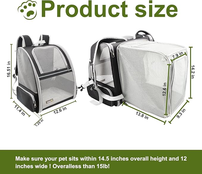 Texsens Cat Backpack - Expandable Pet Carrier for Medium Cats and Small Dogs up to 17 lbs - Breathable, Collapsible & Soft Cat Travel Bag for Outdoor Hiking (Black)