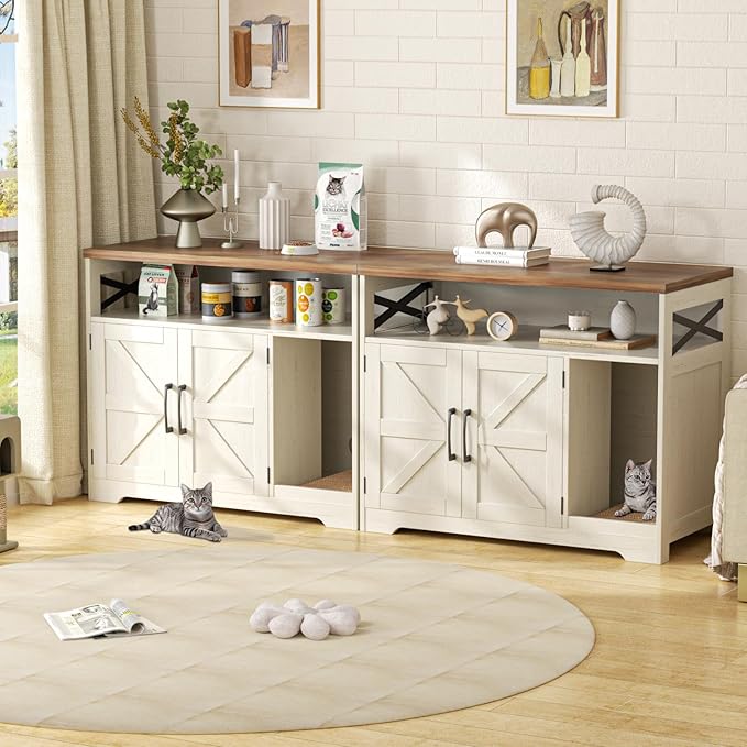Cat Litter Box Enclosure, Hidden Litter Box Furniture with Scratch Pad, Farmhouse Indoor Cat House Washroom End Table, White