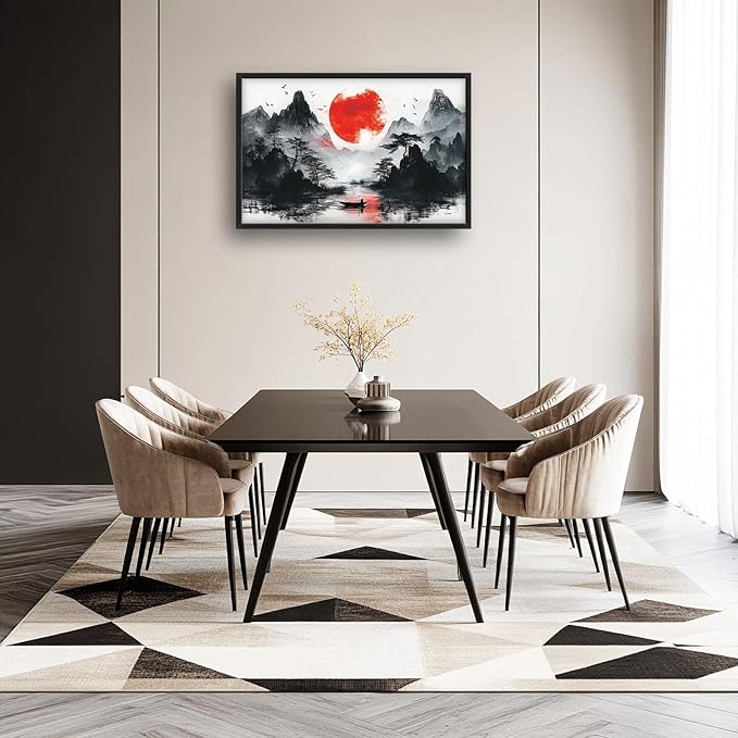 Framed Large Japanese Mountain Wall Art for Living Room, Oversized Asian Red Sun Lake Landscape Wall Decor Nature Canvas Painting Home Decoration for Living Room Bedroom Office 36"x24"