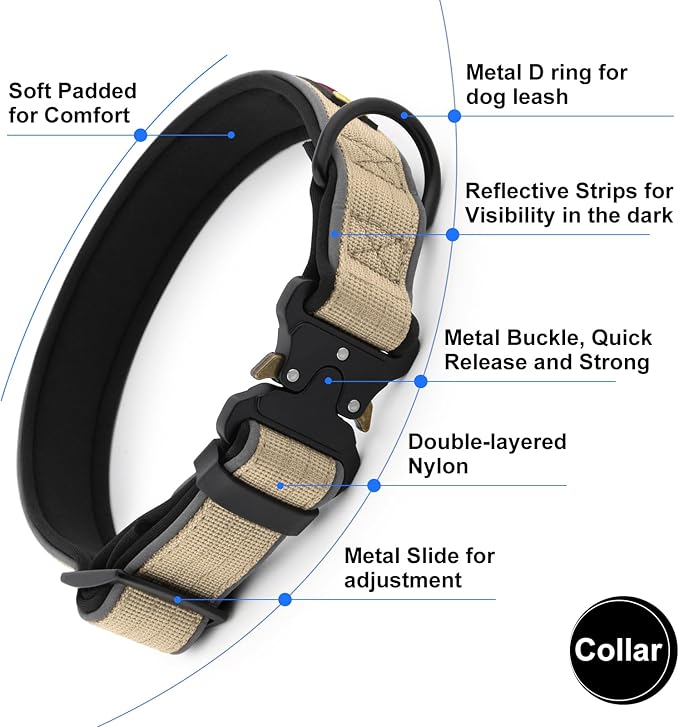 Plutus Pet Tactical Dog Collar, Reflective, Adjustable Heavy Duty Dog Collar, Soft Padded and Comfortable, for Small Medium and Large Dogs (Beige, XS)