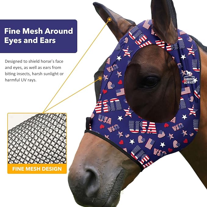 Harrison Howard Super Comfort Stretchy Fly Mask Large Eye Space with UV Protection Soft on Skin with Breathability Classic Letters S