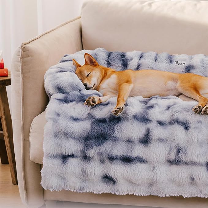 FUNNY FUZZY Pet Fluffy Plush Calming Dog Couch Bed Sofa Protector Washable Pets Mat for Large Medium Small Dogs and Cats (Tie-dye Blue,47.24 × 37.4 × 6.3 in)