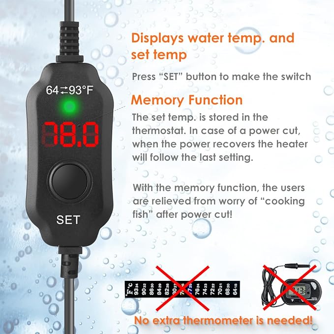 Super Compact 300W Fish Tank Heater, Submersible Aquarium Heater with LED Digital Display Thermostat, Adjustable Fish Heater for 40-60 Gallon Tanks