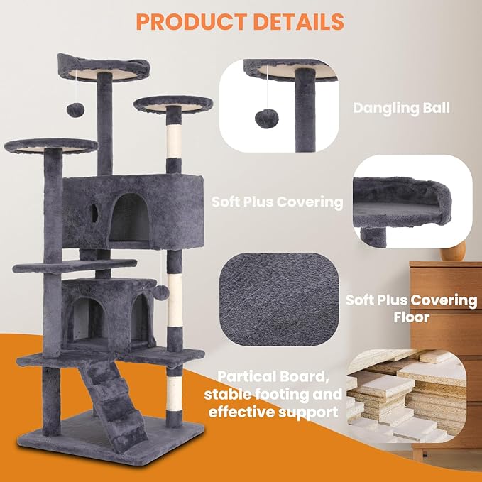 54.7 inches Cat Tower for Indoor Cats Multi-Level Cat Condos for Cat Tree Cat Climbing Tower with Scratching Posts, Hanging Toys,Ashy