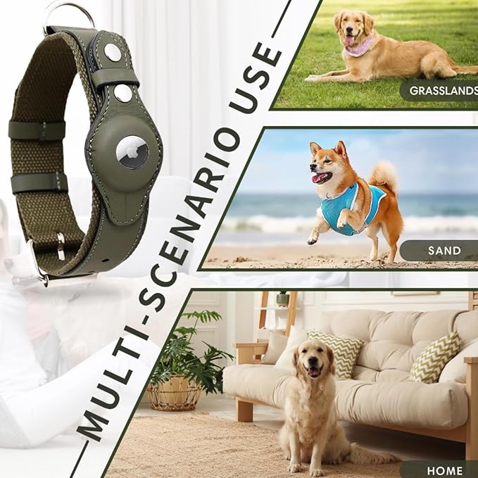 AirTag Dog Collar Soft Leather Webbing Dog Collar for AirTag Provides Double Protection for Small Medium and Large Dogs(Green,S)
