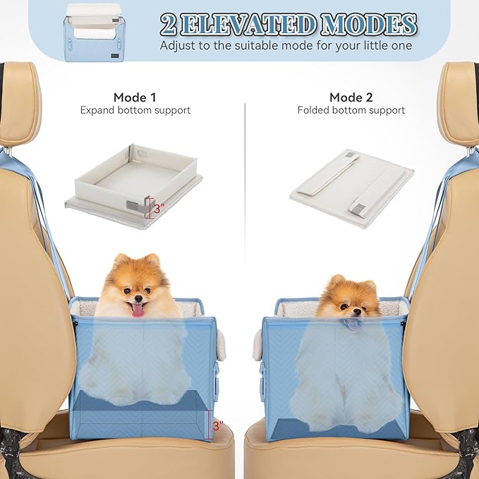 PETSFIT Dog Car Seat Medium Sized Dog, Stable Small Dog Car Seat for Car with Clip-On Leash, Fleece Liner Suitable for Small Pets Up to 25lbs (Blue)