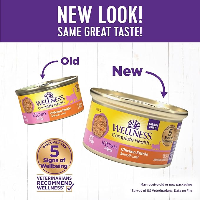 Wellness Complete Health Pate Kitten Wet Cat Food, Natural, Protein-Rich, Grain Free, 3 Ounce, 24 Pack, (Chicken)