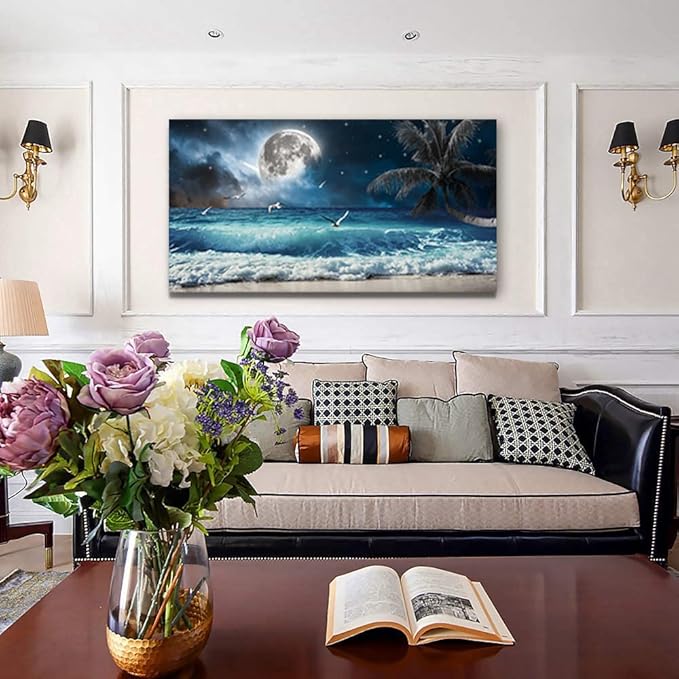 Yxbhhym large Moon Ocean Wall Art Seascape Sea Wall Pictures Canvas Beach Prints Poster Scenery Ocean Paintings Palm Artwork for Bedroom Modern Framed Office Wall Art Living Room Decor-30x60inches
