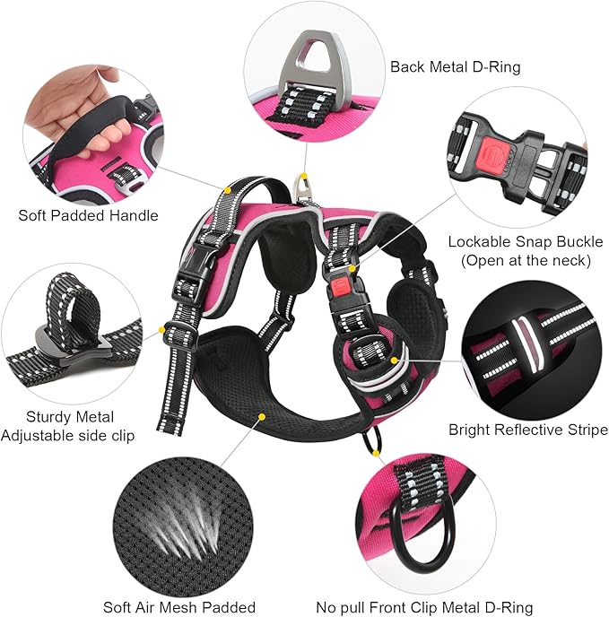 Timos Dog Harness, 3 Snap Buckles No-Pull Soft Padded Dog Vest with 2 Metal Leash Clips, Adjustable Reflective No Choke Pet Harness with Easy Control Handle for Extra Large Dogs,Rosy,L