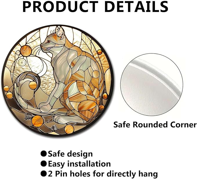 Lygond Metal Cat Toilet Decor - Circular Stained Glass Tin Sign for Club 88 Inches