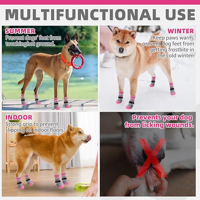 KOOLTAIL Dog Socks to Prevent Licking Paws for Hardwood Floors Anti Slip, Winter Warm Pet Boots&Paw Protector with Grippers, Double Sides Dog Shoes Booties for Small Medium Large Senior Dogs Pink S