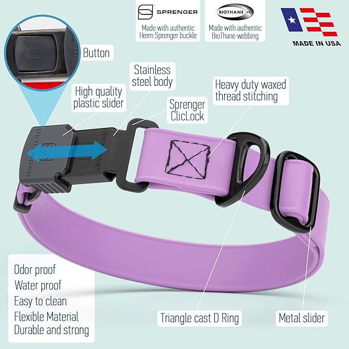 Dogline Biothane Waterproof Dog Collar with Herm Sprenger Black Stainless Steel Quick Release Buckle – Heavy Duty Tactical Durable Collar for Dogs – Comfortable, Safe Pet Collar W3/4" L12-19 Amethyst
