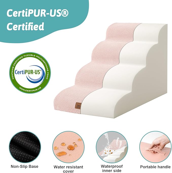 Dog Stairs for Small Dogs 19.7" H, Curved Dog Step for Puppy, Older or Cat, Medium Pet Ramp for Sofa, Couch or Bed, Ladder with High Density Foam, 15.7x28.3x19.7 inch, 4 Step, Pink