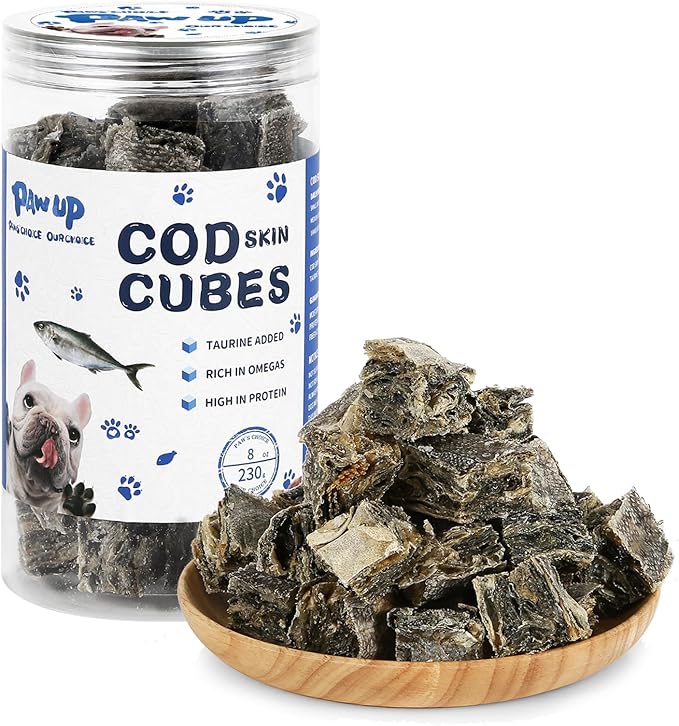 Cod Skin Cubes Dog Treat, Chew Fish Skins Rolls w/Taurine, One-Ingredient Grain Free Healthy Dog Treat, Rich in Omega3, 8 oz