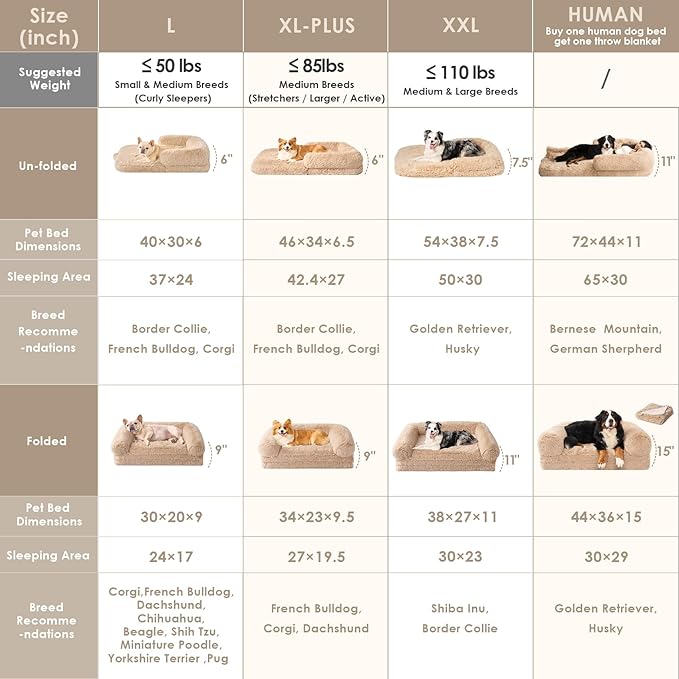EHEYCIGA Foldable Human Dog Bed, Orthopedic Memory Foam Human Sized Dog Bed, Waterproof Pet Bed for People, Faux Fur Pet Couch for Adult, Camel, 72"x44"x11"