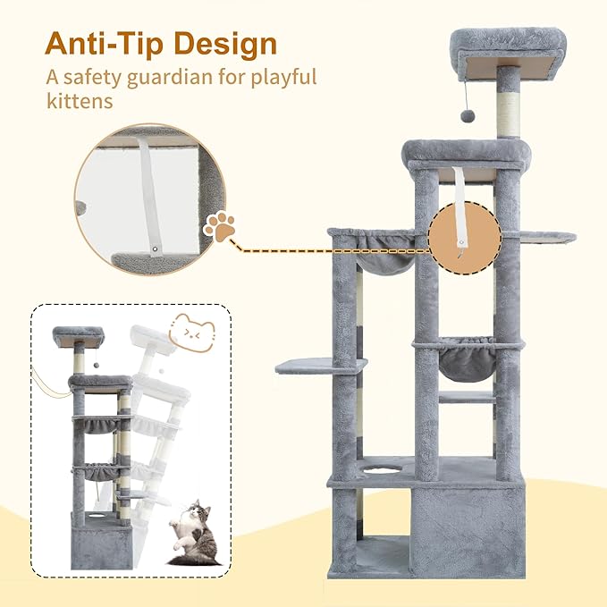 Heybly Heavy Duty Cat Tree, 71-Inch Tall Tower for Large Maine Coon with Extra-Large Baseboard, Cat Condo Furniture with Multi-Level Platforms, 2 Hammocks and 12 Scratching Posts, Light Gray HCT037W