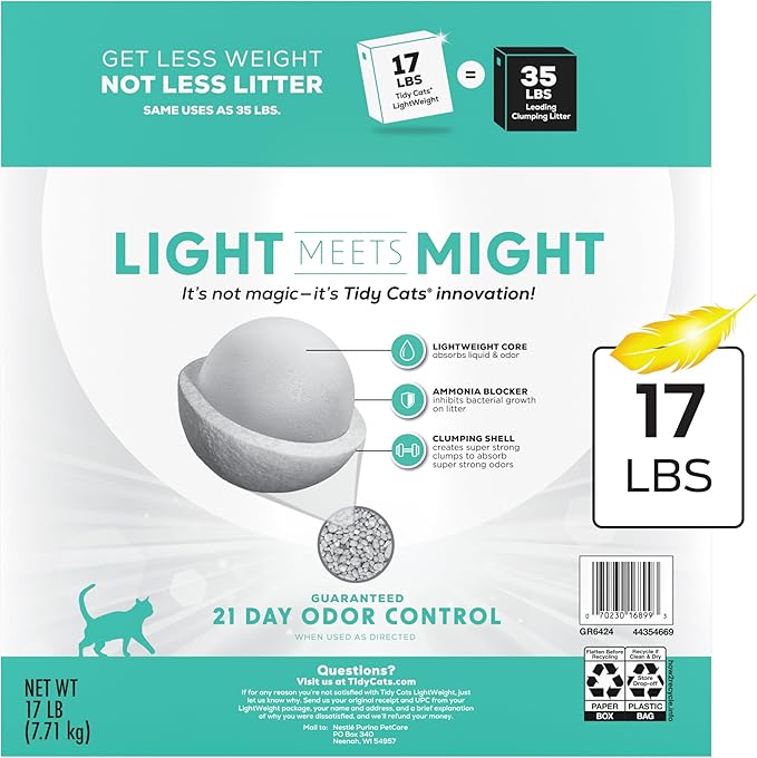Purina Tidy Cats LightWeight Free and Clean Unscented, Multi-Cat, Clumping, 99.9 Percent Dust Free Cat Litter - 17 lb. Box
