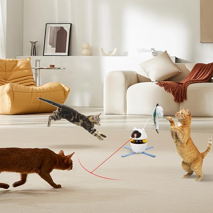 Nobleza 3-in-1 Cat Laser Toy with Feather Trackball, Rechargeable Pet Interactive Pointer Red Light Game, 3 Modes Random Trajectory Motion Activated Boredom Buster for Cat Self Play Home Indoor