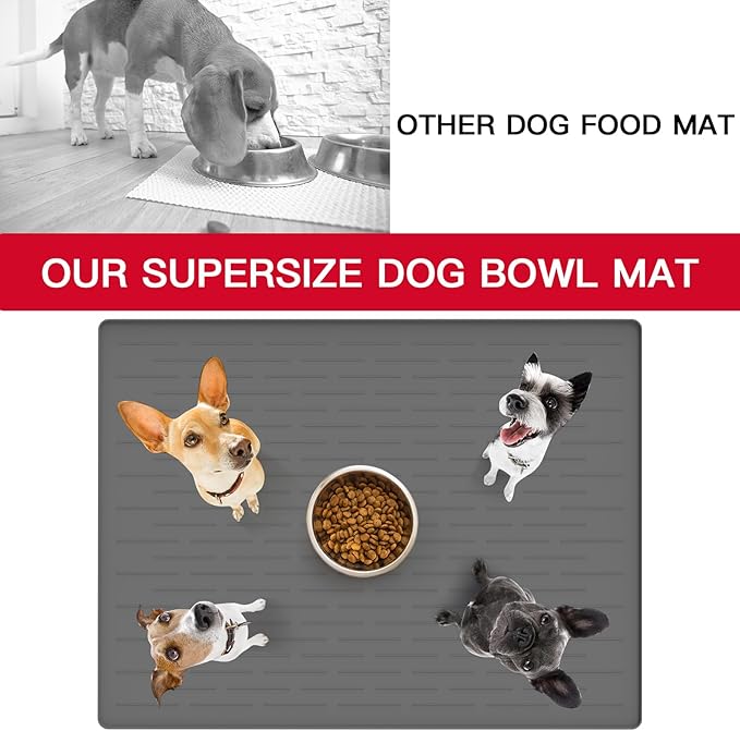 32" x 24" Large Pet Food Mat, Silicone Dog Mats for Food and Water, Nonslip Pet Feeding Mats for Floors,Dog Cat Bowl Mat with Raised Edges, Gray Blue
