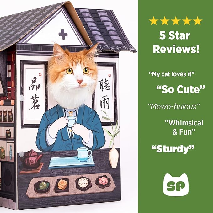 Cat Beds for Indoor Cats, Cardboard House with Scratchers, Tea House, Large Sturdy Cat Furniture Condo Cave Tent, Easy to Assemble Pet Toys Accessories Stuffs, Bunny Small Animals