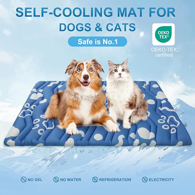 BEAUTYZOO Dog Cooling Mat- Upgraded Thicken Cooling Mat for Large Dogs Reversible(Cool & Warm) Pet Ice Cool Bed Washable & Portable, Summer Crate Pad for Big Dog Puppy Up to 100 lbs, Paw Blue 59X40IN