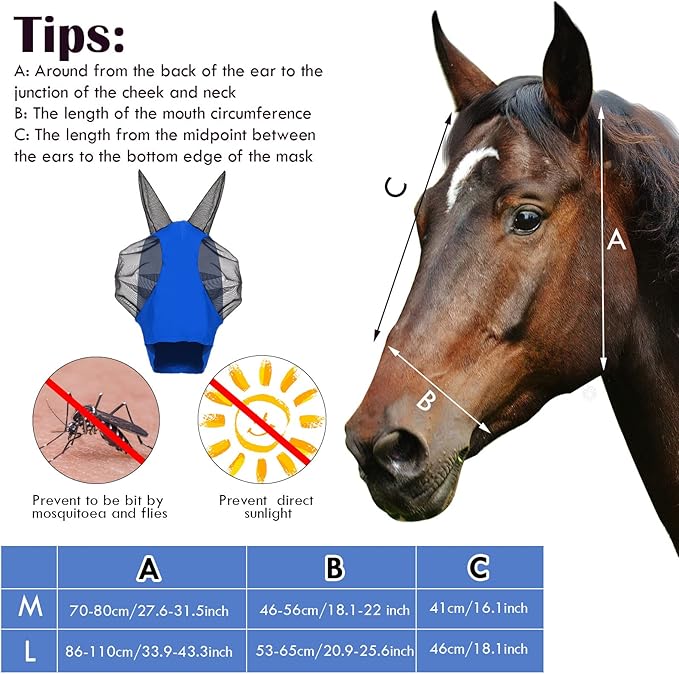 Sadnyy 6 Pcs Horse Fly Masks with Ears Comfort Breathable Mesh Fly Masks Net UV Protection Large Eye Space Full Face Covering Elasticity Soft for Horses(Medium)