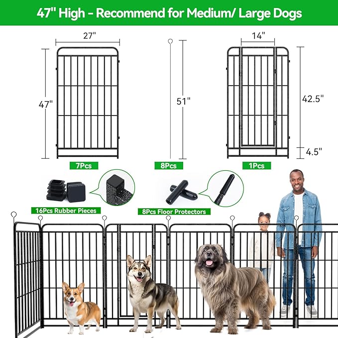 Dog Playpen Outdoor 8 Panels Heavy Duty Dog Fence 47" Height with Thick Pipe Anti-Rust with Doors Portable for RV Camping Yard, Total 18FT, 25 Sq.ft, Snowy Black