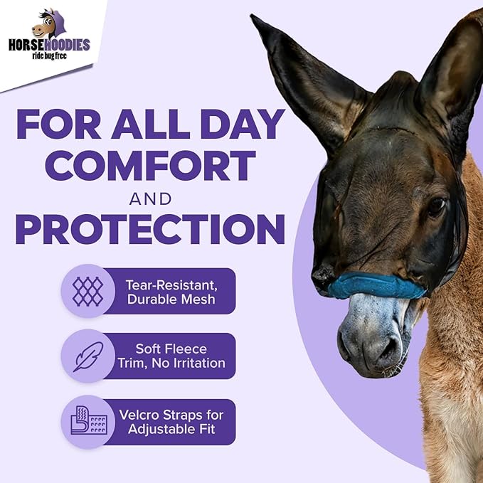 Donkey Fly Mask with Long Ears (Aqua) Made in USA - Mule Fly Mask with Ears Protection from Insects and Bugs, Mini Donkey Soft Mesh Fabric with Adjustable Fastener, Face Cover Supplies for Donkeys
