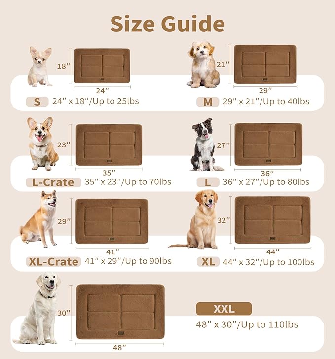 Made4Pets Dog Crate Pad Bed for Small Dogs, Washable & Reversible, Anti-Slip Kennel Mat for Cozy Sleeping, Soft Fluffy Dog Bed for Indoor & Outdoor Use, 24"x18", Brown