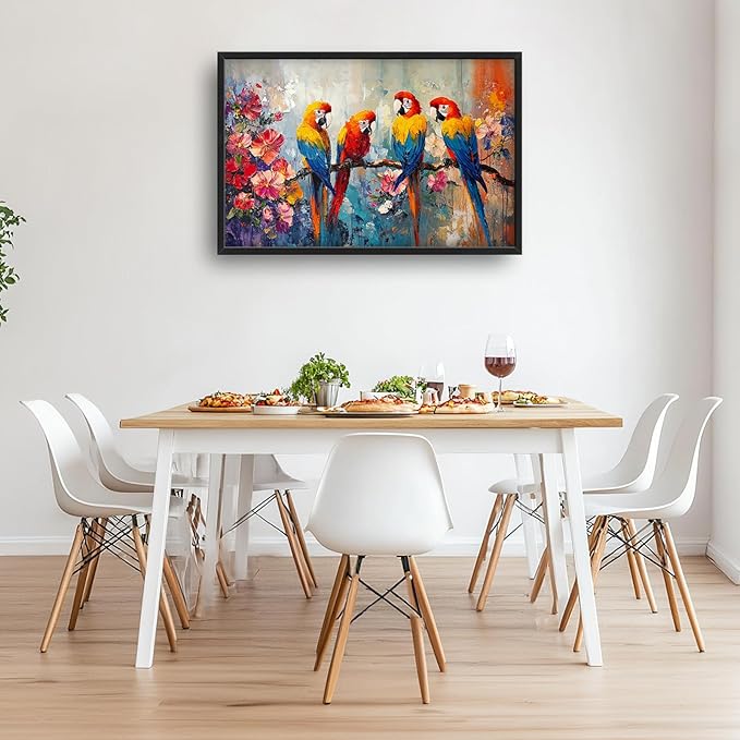 Extra Large Framed Parrot Bird Wall Art,Oversized Abstract Colorful Parrots Flower Wall Decor Pictures for Living Room,Canvas Print Painting Modern Artwork Bedroom Office Bathroom Home Decor 36L x24W