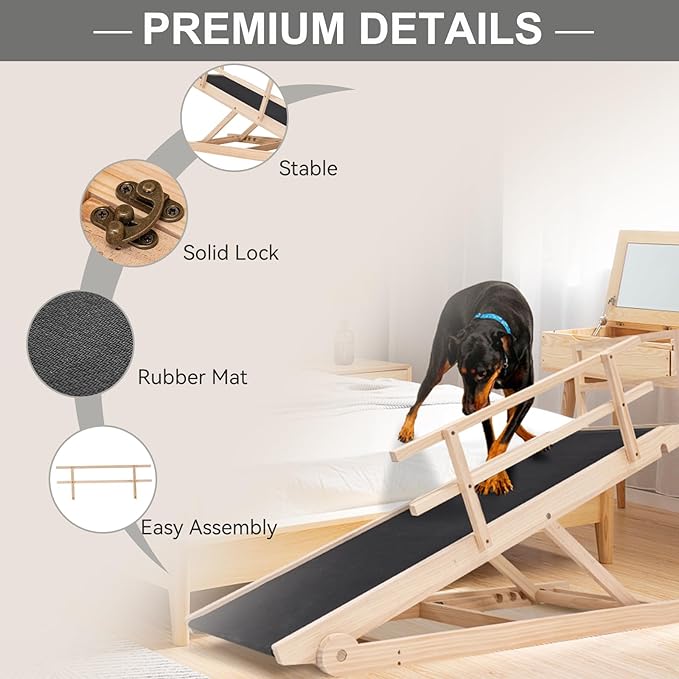 ABORON Antislip Wooden Dog Ramp for High Bed Couch Car, 5-Level Adjustable Folding Pet Ramp for Small & Large Old Dogs & Cats, 17.7" Extra Wide 51" Long, Rubber Mat, Supports up to 200 lbs