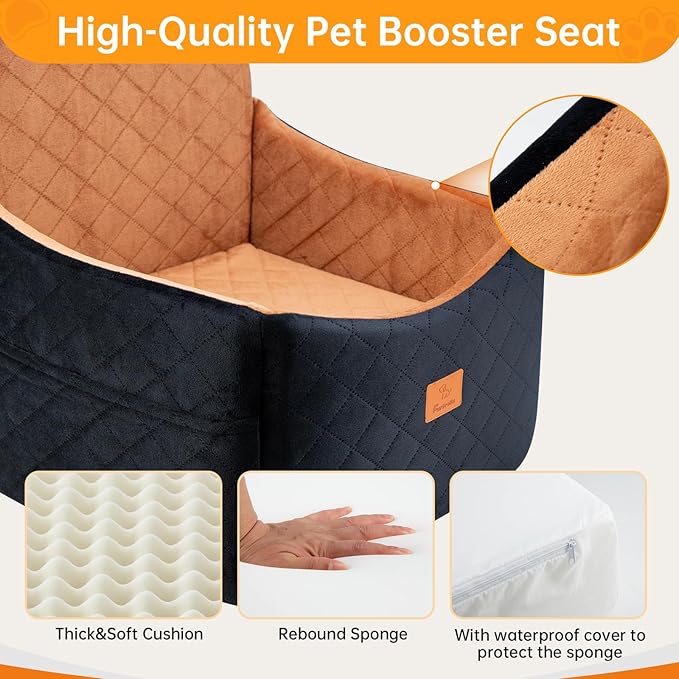 Dog Car Seats for Small/Medium Dogs, FurFrolic Memory Foam Dog Booster Seat for Small Dogs up to 35 lbs, Travel Pet Car Seat with Washable Detachable Cover, Storage Pockets, 2 Safety Belt, Black Brown