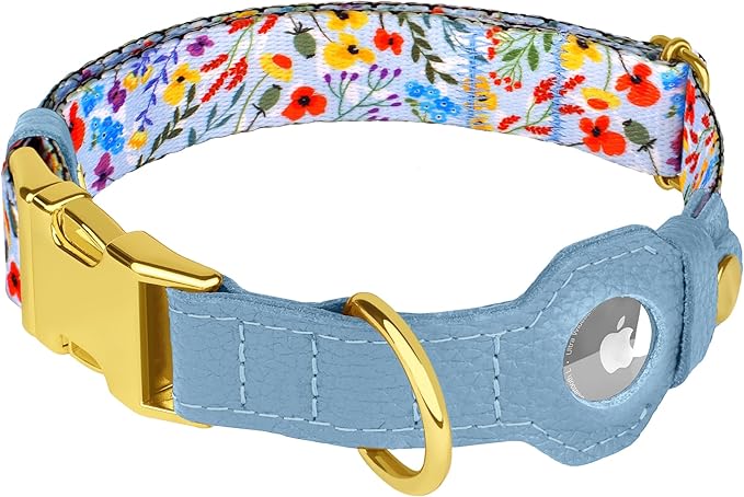 AirTag Dog Collar for Small Medium Large Breed - Adjustable Cute Pattern Dog Collar with Airtag Holder - Soft Leather Tracker GPS Apple Air Tag Pet Collars (X-Large, 20"-25" Neck Fit, Floral)