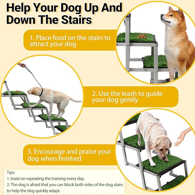 Dog Stairs for Car, Portable Folding Dog Ramps,Dog Steps for Large Dogs with Non-Slip Grass Rug for Cars, SUV, Trucks, Lightweight Pet Ramp Supports Up to 200 lb, 5 Steps