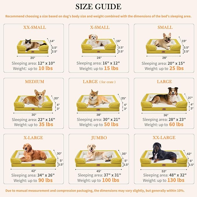 Comfort Expression Large Dog Beds Waterproof Orthopedic Foam Dog Sofa Beds Comfy Pet Bed with Washable Removable Cover & Non-Slip Bottom(Large,Spicy Mustard)