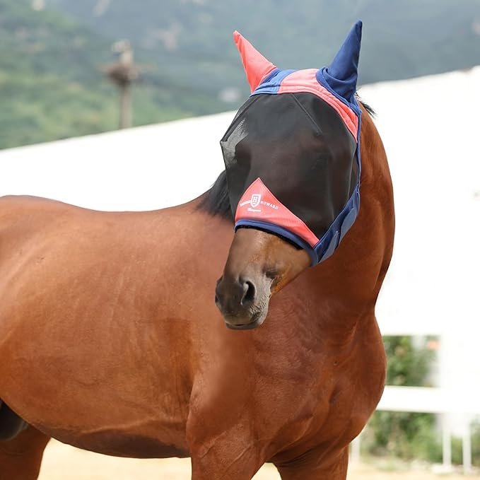 Harrison Howard Pro Luminous Horse Fly Mask Large Eye Space Half Face with Ears UV Protection for Horse Coral Orange/Navy S