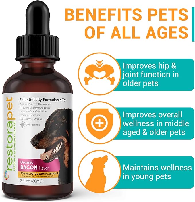 RestoraPet 2-Pack Dog & Cat Bacon Liquid Multivitamin | Dog Arthritis Pain Relief | Hip & Joint Vitamins for Dogs - Anti Inflammatory Supplement for Dogs & Cats | Organic & Non-GMO, Vet Approved