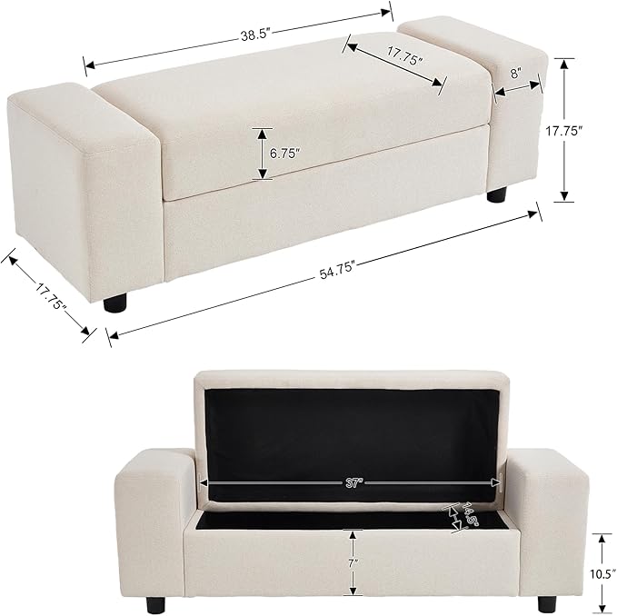 Beige Storage Bench for Entryway, 55" Bedroom Ottoman with Storage Large Linen Fabric Upholstered End of Bench with Lip for Living Room/Bedroom/Lounge/Shop, Beige