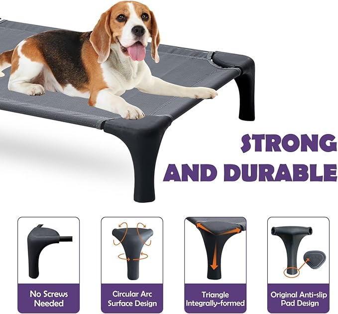 Outdoor Elevated Bed for Large Medium Dogs, Easy to Assemble With Portable Bag, Raised Cot With Pet-Friendly Feet, Breathable Mesh for Camping or Travel, Dark Grey