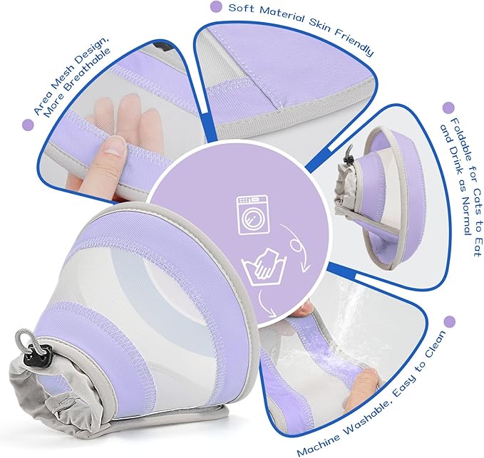 Breathable Air Mesh Cat Cone Collar Soft to Stop Licking, Adjustable, Foldable Lightweight Kitten Cones After Surgery Recovery for Cats & Kittens (Light Purple, S)