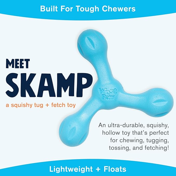WEST PAW Zogoflex Air Skamp Tug-of-War Stick Dog Chew Toy – Hollow, Squishy Interactive Toy for Dogs, Puppies – for Chewing, Catch, Carry, Fetch, Dishwasher Safe, Latex-Free, Large 8.5", Aqua Blue