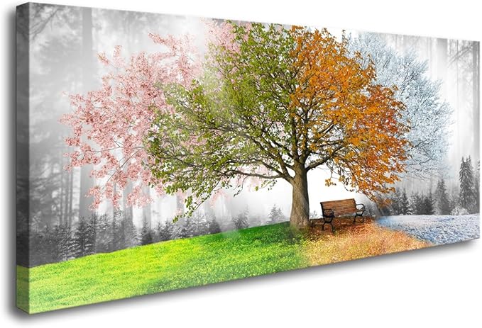 Jiuqinghua Canvas Prints Wall Art Decor Large Four Seasons Tree Picture 1 Panel Spring Summer Autumn Winter Tree Painting Artwork for Dining Room Kitchen Home Decor Stretched and Framed Ready to Hang